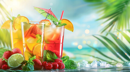 Colorful summer cocktails with fruits and berries. Summer time, summer vacation.