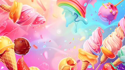 Obraz na płótnie Canvas Banner with ice cream with berries on the colorful background. Summer time, summer vibe, sweet food, dessert. 