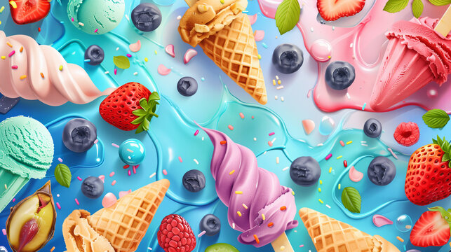 Banner with ice cream with berries on the colorful background. Summer time, summer vibe, sweet food, dessert. Top view.