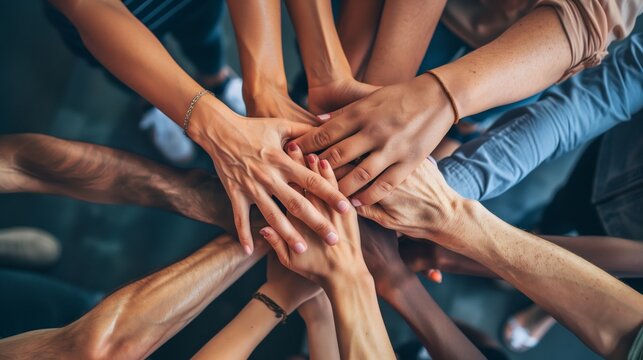 Diverse hands together in a gesture of teamwork and unity