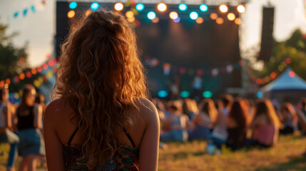 Back view of a young girl with long hair enjoys a summer music festival.