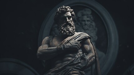A stoic Greek bearded man bronze statue