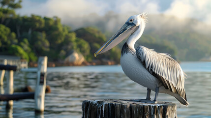 Magnificent pelican perched on an old, weather-beaten jetty, with the shimmering waters of a tranquil bay in the blurred background