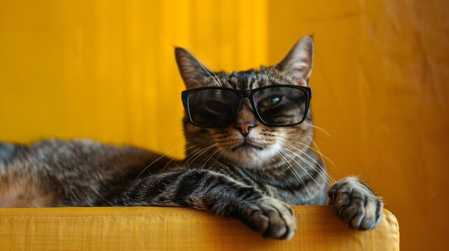 Tabby cat donning sunglasses lounging on a sunny yellow backdrop