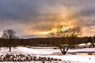 Winter time in Chatham, New Jersey with snowy trees at sunset. - 777536128