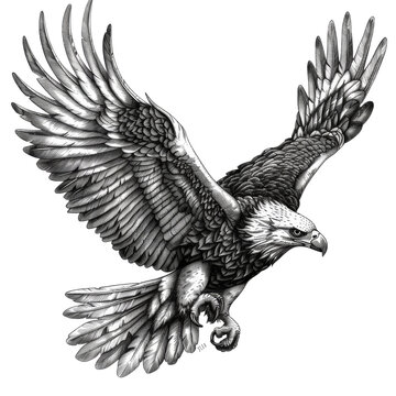 A black and white drawing of an eagle in flight