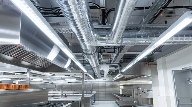 Modern industrial kitchen with stainless steel equipment and ductwork