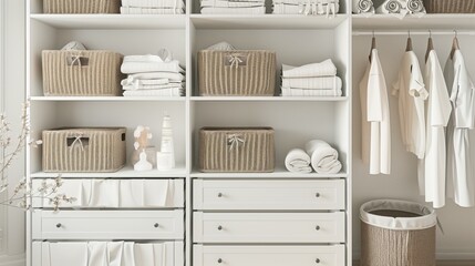 A neatly organized wardrobe with towels, baskets, and hung clothes