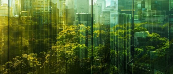 The city is covered in lush green forests and has skyscraper windows that look out on lush greenery.