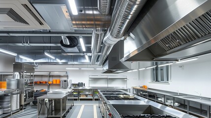 Professional and clean commercial kitchen interior with stainless steel equipment