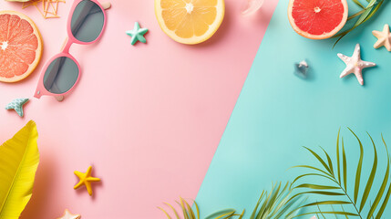 Colorful tropical fruits, berries and sunglasses. Summer time, summer vacation, healthy eating. Top view.