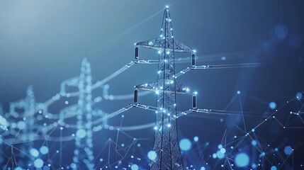 The elegant silhouette of transmission lines against a blue technology inspired background signifying the harmony between power distribution and digital advancement