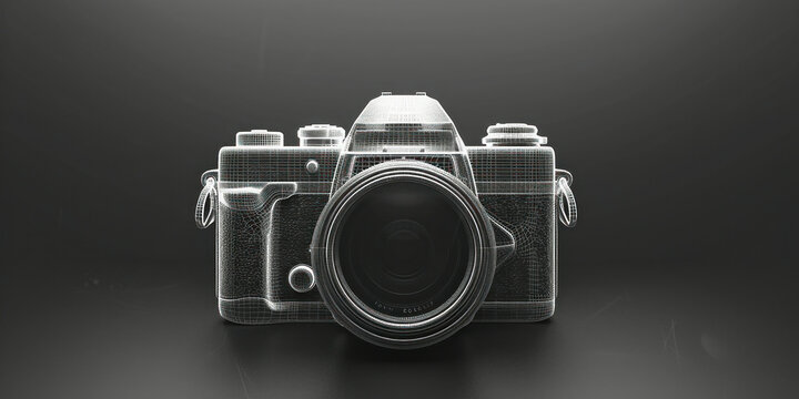 3D model of a professional camera with a realistic lens on a black background for photography and technology concept