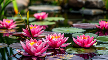 Floating pink lotus flowers or water lily in pond. - obrazy, fototapety, plakaty