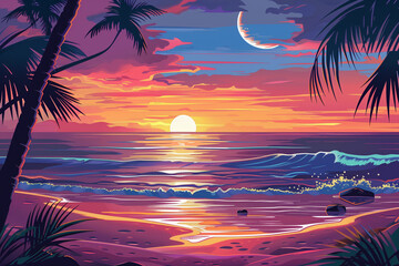Sunset over a tropical beach with palm trees and gentle waves. Seashore, marine, nature, summer vacation, summer time, summer beach.