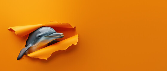 A three-dimensional dolphin figurine seems to poke through an orange paper background, minimalist...