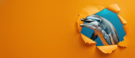 A dolphin with its mouth open appears behind the edge of torn blue paper on an orange background