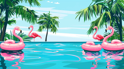 Swimming pool with inflatable flamingos and tropical palm trees. Summertime, summer vacation concept.	