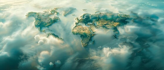 An image of the continents of the world surrounded by a forest of greenery, a global warming, and a...