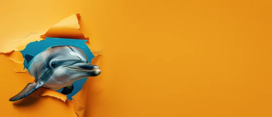  An intelligent dolphin gives a curious look as it seems to peek through a distinctive orange and blue torn paper effect © Fxquadro