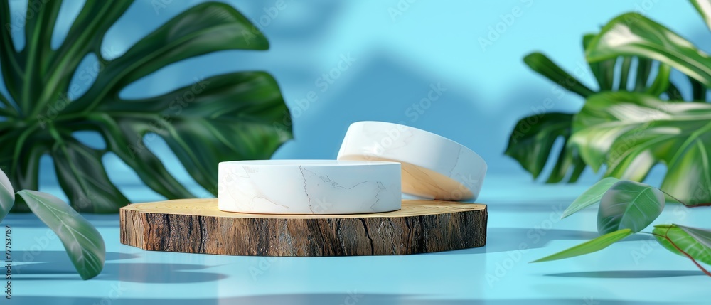 Poster a concept scene of two cosmetic product podiums on a neutral blue background. a modern minimalist pr