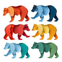 The bears are in different colors and sizes, and they are walking in a row