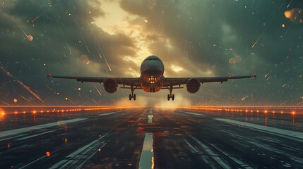 AI to create a captivating illustration of an airplane making a smooth landing on a runway, incorporating post-production effects to elevate the realism and aesthetics attractive look