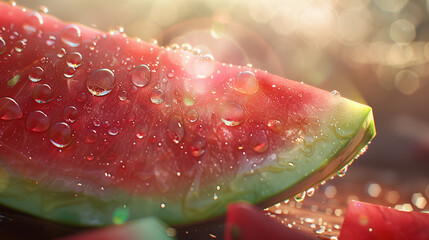 A close-up of a juicy watermelon slice with droplets of water glistening in the sunlight. Summer fruits, healthy eating.