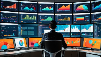 A trader is seen from behind, working in a high-tech trading room, analyzing market data to inform investment strategies AI generation - obrazy, fototapety, plakaty
