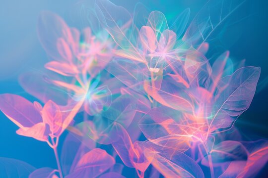 A double exposure of abstract shapes that resemble flowers and leaves against a blue background with neon pink highlights Generative AI