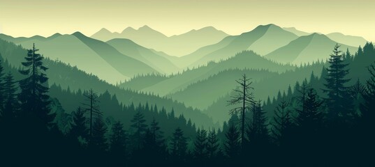 Fototapeta premium forest landscape with mountains, green pine trees and foggy sky background. Nature scenery banner with silhouette trees for travel poster or wall art print.