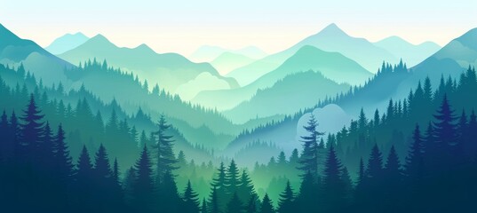 Fototapeta na wymiar forest landscape with mountains, green pine trees and foggy sky background. Nature scenery banner with silhouette trees for travel poster or wall art print.