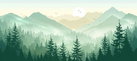 forest landscape with mountains, green pine trees and foggy sky background. Nature scenery banner with silhouette trees for travel poster or wall art print.