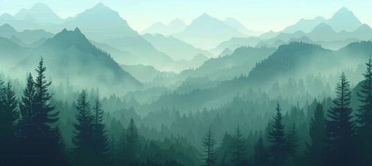 forest landscape with mountains, green pine trees and foggy sky background. Nature scenery banner with silhouette trees for travel poster or wall art print. - obrazy, fototapety, plakaty