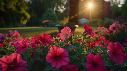 Flowerbed with blooming pink petunias in the city park in sunset light. Floral banner. - obrazy, fototapety, plakaty