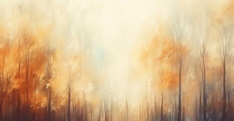 Abstract natural wallpaper of yellow leaves and tree branches in autumn or fall season on a blurred forest background with warm sunshine and glare lights. Generative AI.