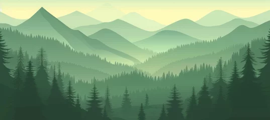 Foto auf Acrylglas forest landscape with mountains, green pine trees and foggy sky background. Nature scenery banner with silhouette trees for travel poster or wall art print. © Sabina Gahramanova