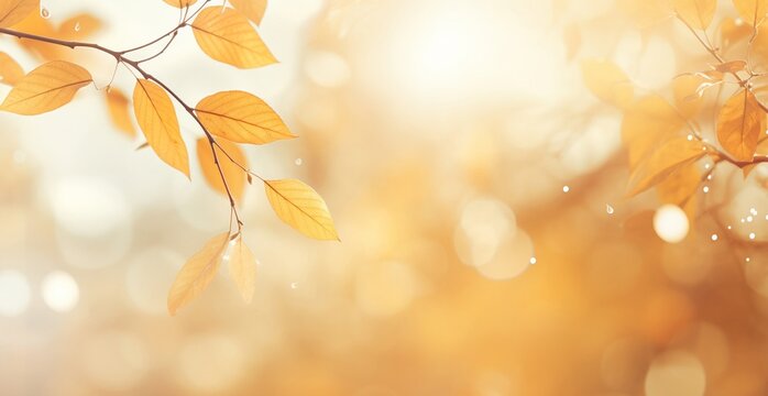 Abstract natural wallpaper of yellow leaves and tree branches in autumn or fall season on a blurred forest background with warm sunshine and glare lights. Generative AI.