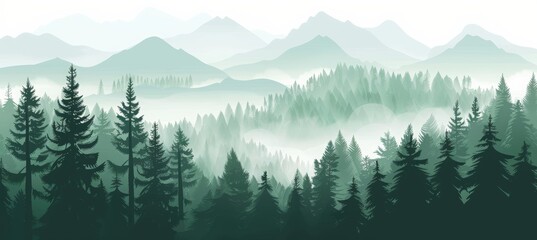Obraz premium forest landscape with mountains, green pine trees and foggy sky background. Nature scenery banner with silhouette trees for travel poster or wall art print.