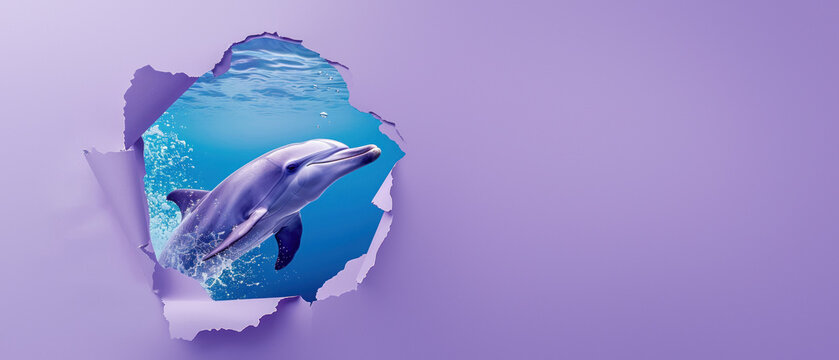 A beautiful image of a dolphin seemingly jumping out of a torn paper with a purple and ocean backdrop