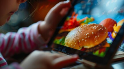 Child's hand holding a tablet displaying a colorful image of a burger