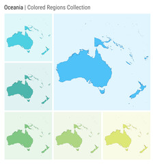 Oceania. Map collection. Continent shape. Colored countries. Light Blue, Cyan, Teal, Green, Light Green, Lime color palettes. Border of Oceania with countries. Vector illustration.