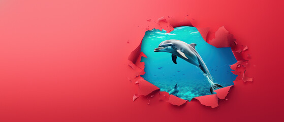 A playful dolphin appears to leap through a torn red paper wall into a vibrant blue underwater world