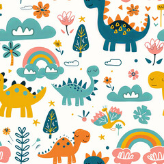 Naklejka na ściany i meble A playful and vibrant pattern featuring cute dinosaurs, rainbows, and nature elements for children's designs. 