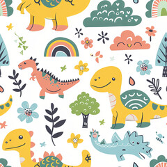 Obraz premium A playful and vibrant pattern featuring cute dinosaurs, rainbows, and nature elements for children's designs. 