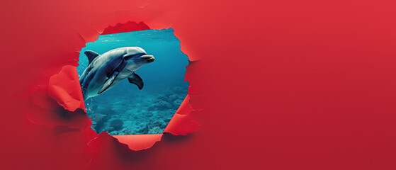 A curious dolphin peeks through a hole in a bright red paper, revealing an oceanic backdrop