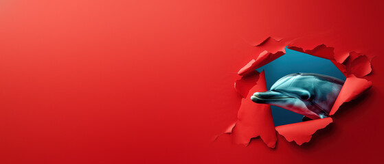 An artistic representation of a dolphin emerging from a bold red paper tear into the ocean