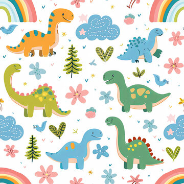 A playful and vibrant pattern featuring cute dinosaurs, rainbows, and nature elements for children's designs.
