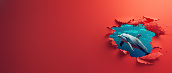 This creative portrayal features a dolphin playfully swimming through a torn red backdrop into the blue