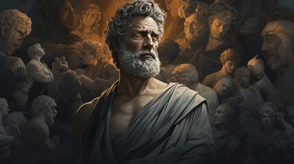 A stoic Greek bearded man bronze statue